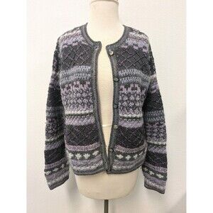 Vintage Talbots Purple Gray Ribbon Embroidered Knit Cardigan sz L Retro Fairy